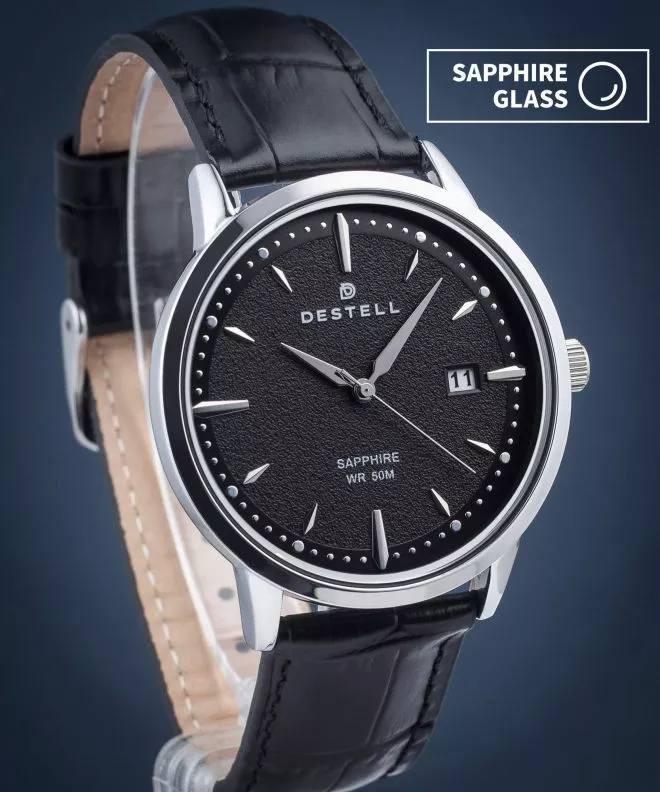 Reloj para hombres DESTELL Pictor Black Silver Leather Sapphire PT405-15-201L
