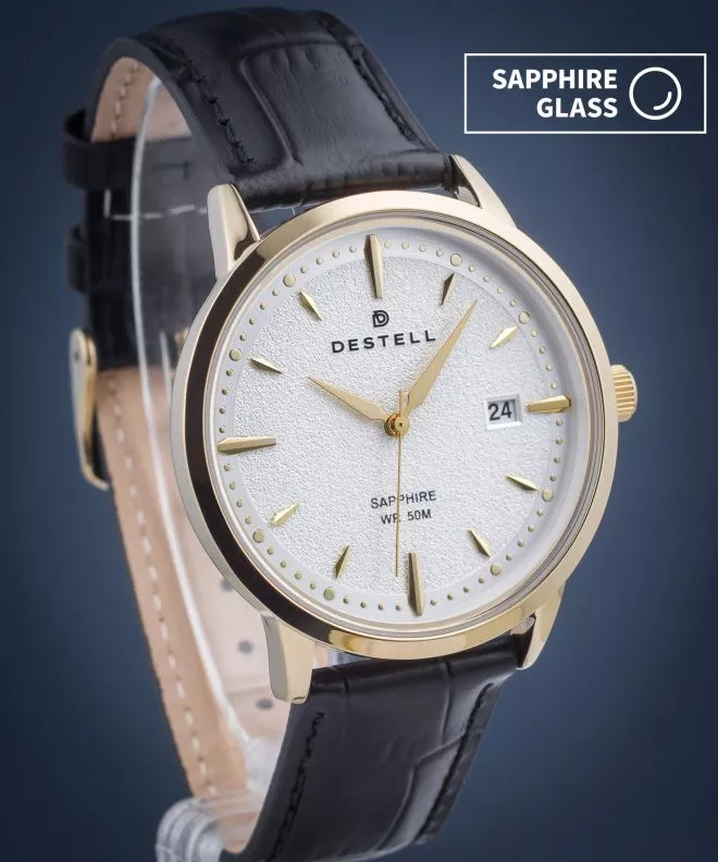 Reloj para hombres DESTELL Pictor Silver Gold Black Leather Sapphire PT404-55-201L