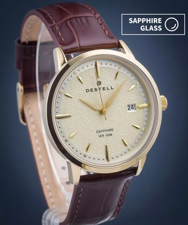 Reloj para hombres DESTELL Pictor Gold Brown Leather Sapphire PT404-44-209L