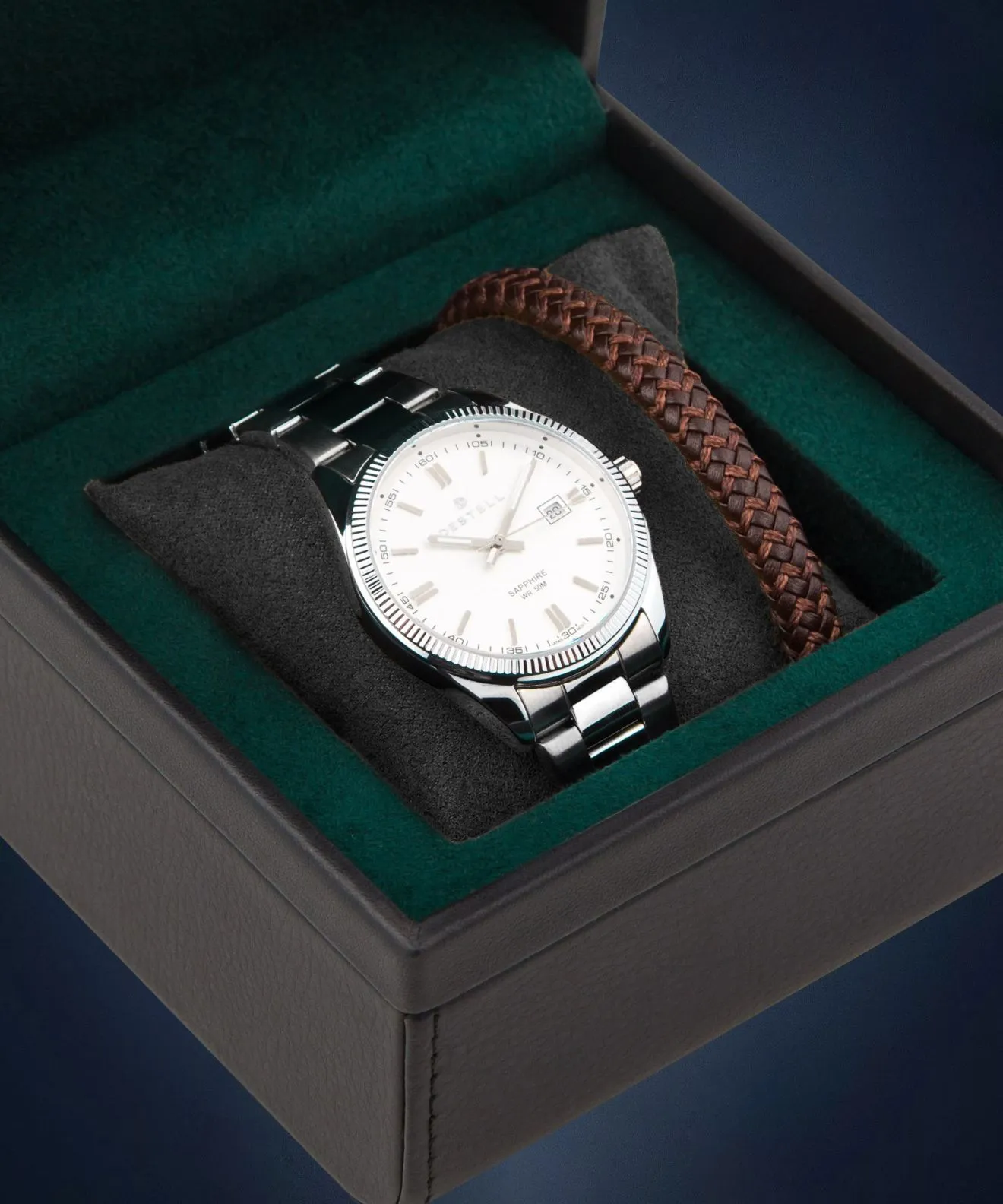 Reloj para hombres DESTELL Loup White Silver Steel Sapphire Gift Set LU3855-25-205S-1520-03