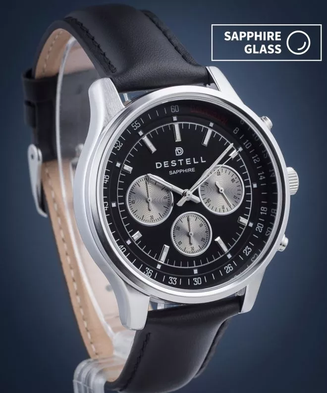 Reloj para hombres DESTELL Circinus Black Silver Leather Chronograph Sapphire CR415-15-201L
