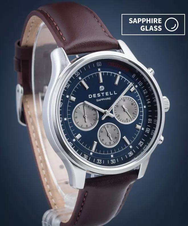 Reloj para hombres DESTELL Circinus Navy Blue Silver Brown Leather Chronograph Sapphire CR415-15-206L