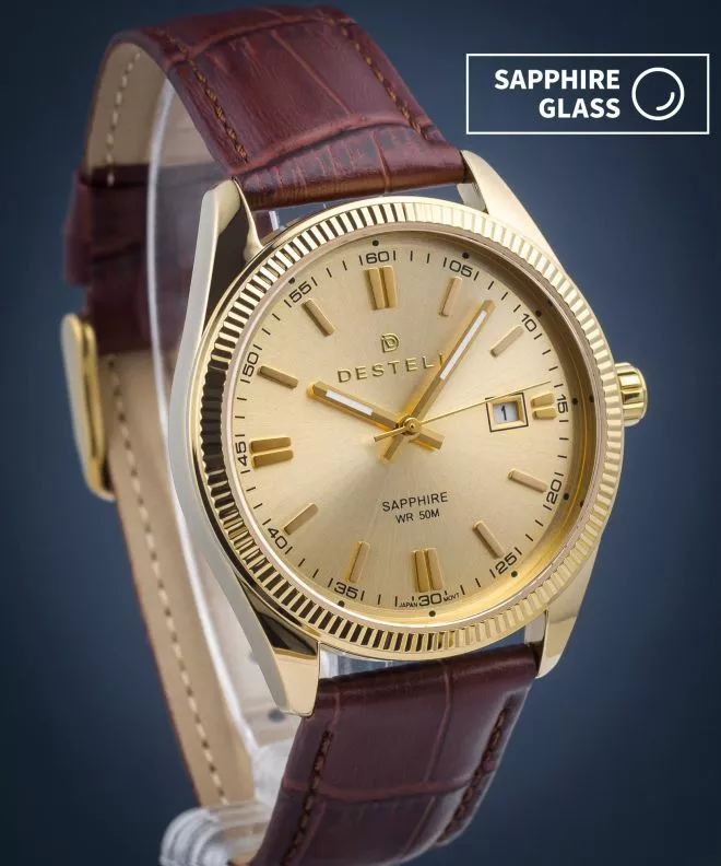 Reloj para hombres DESTELL Loup Gold Brown Leather Sapphire LU3854-44-209L