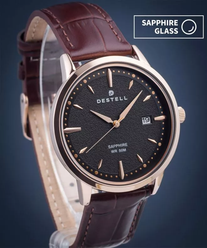 Reloj para hombres DESTELL Pictor Black Rose Gold Brown Leather Sapphire PT407-17-209L