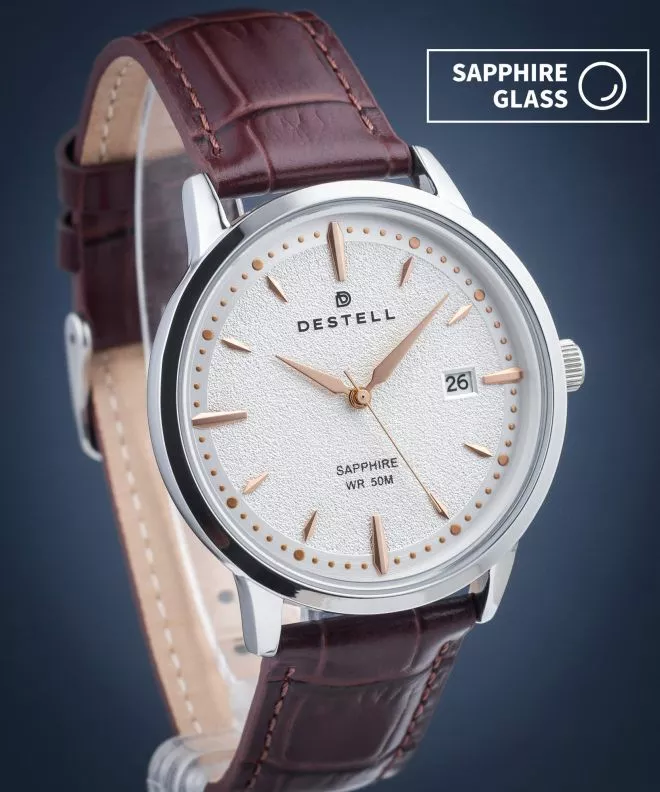 Reloj para hombres DESTELL Pictor Silver Brown Leather Sapphire PT405-57-209L