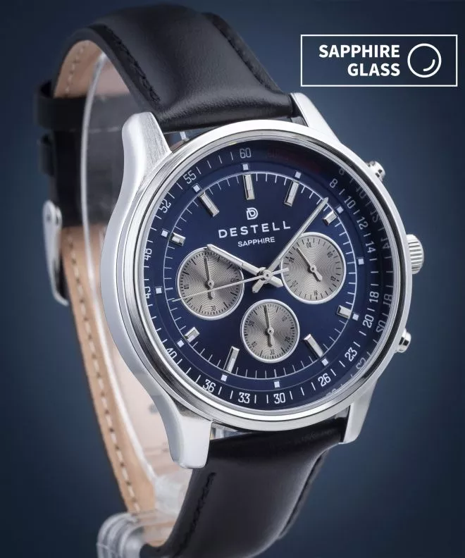 Reloj para hombres DESTELL Circinus Blue Silver Black Leather Chronograph Sapphire CR415-35-201L