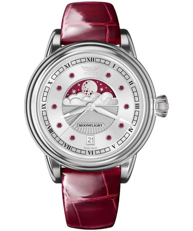 Reloj para mujeres Aviator Moonflight Gemstone Edition Silver Red Ruby Limited Edition V.1.33.0.419.4
