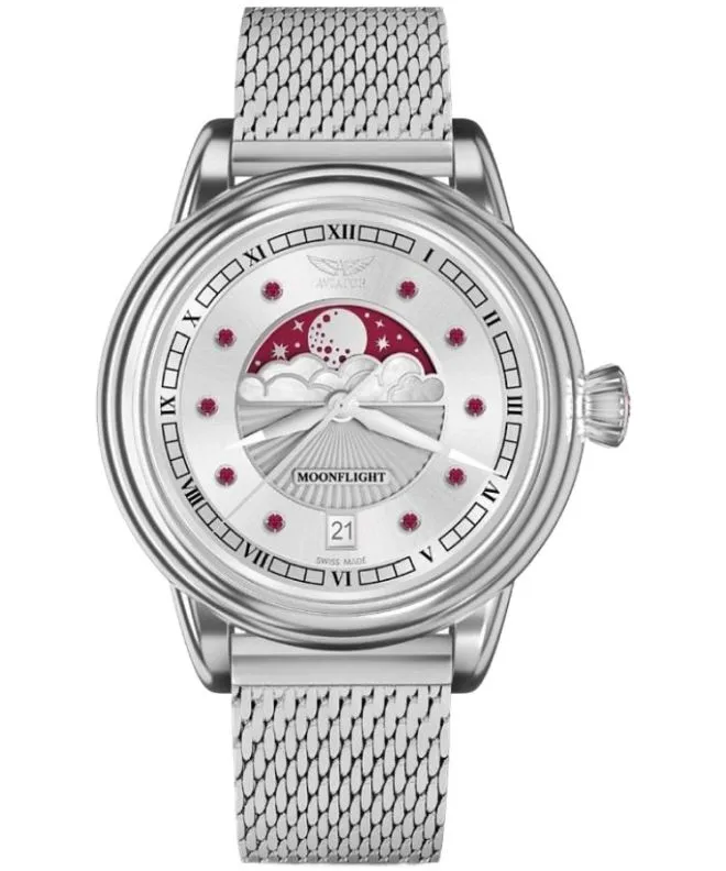 Reloj para mujeres Aviator Moonflight Gemstone Edition Silver Red Ruby Limited Edition V.1.33.0.419.5