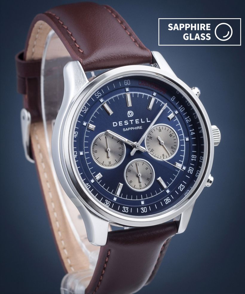 Reloj para hombres DESTELL Circinus Blue Silver Brown Leather Chronograph Sapphire