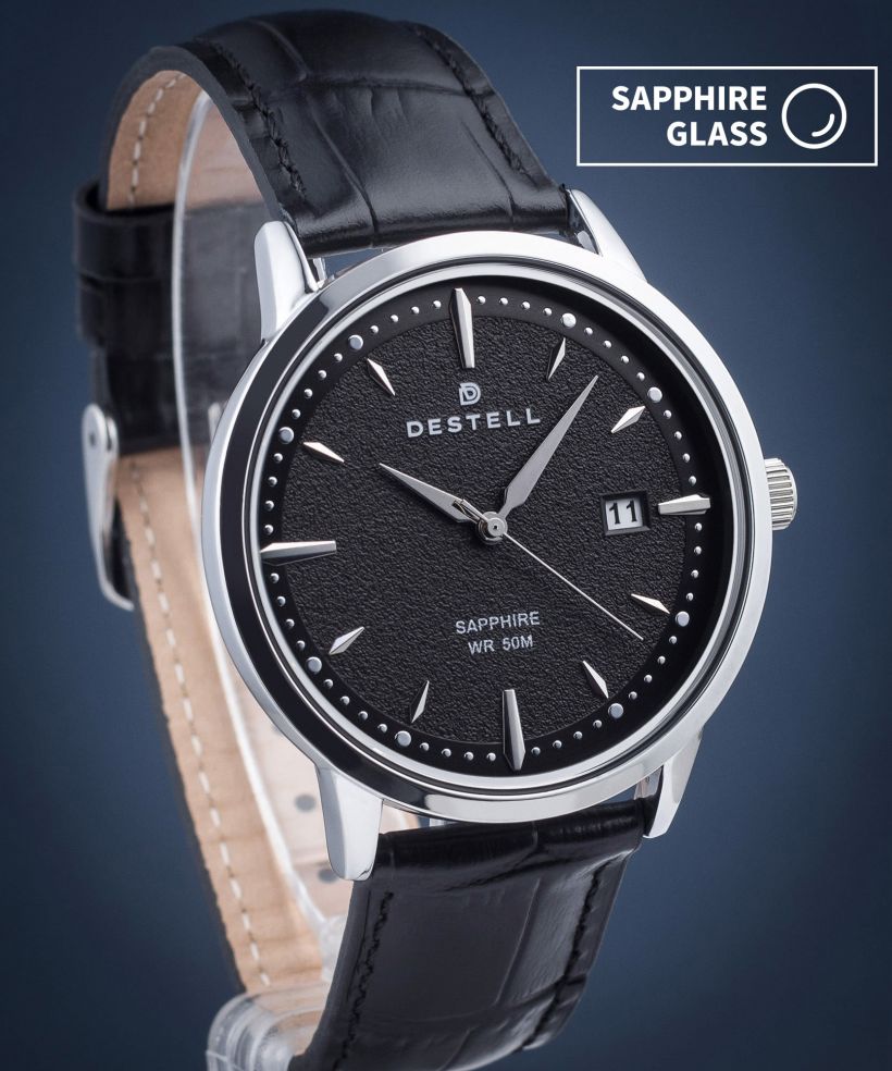 Reloj para hombres DESTELL Pictor Black Silver Leather Sapphire