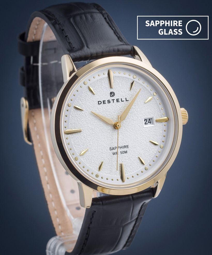 Reloj para hombres DESTELL Pictor Silver Gold Black Leather Sapphire
