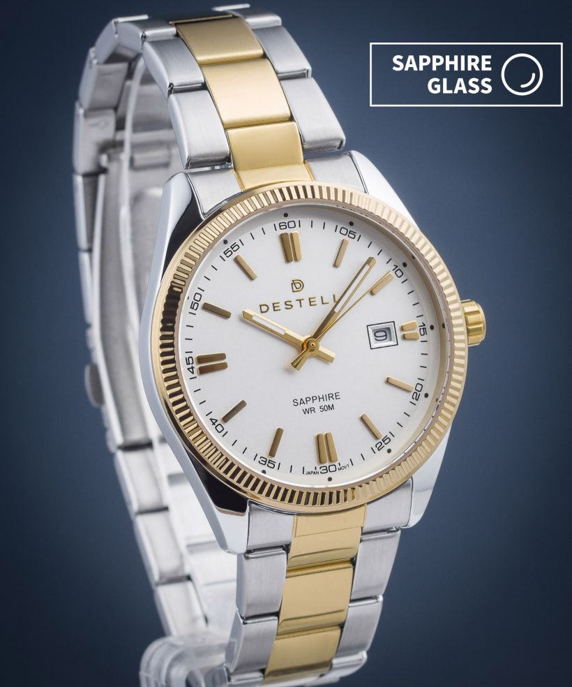 Reloj para hombres DESTELL Loup White Silver-Gold Steel Sapphire