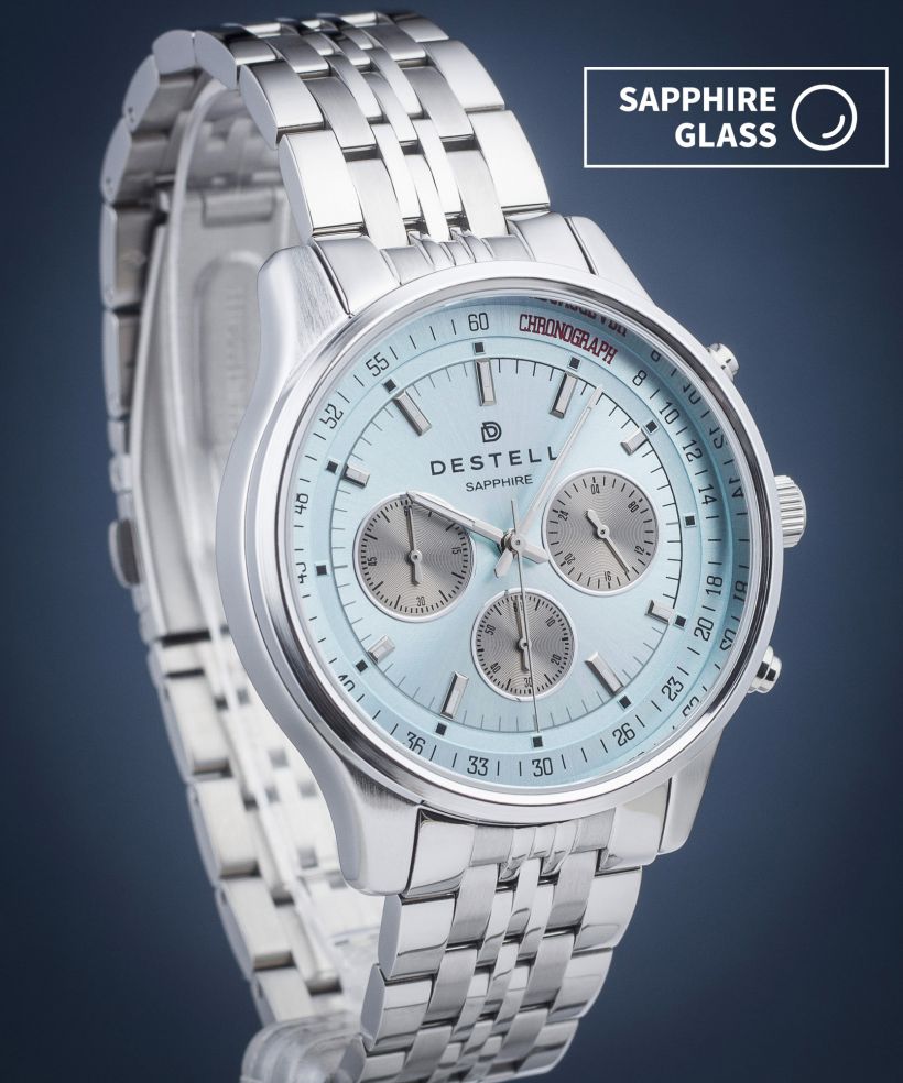 Reloj para hombres DESTELL Circinus Ice Blue Silver Steel Chronograph Sapphire