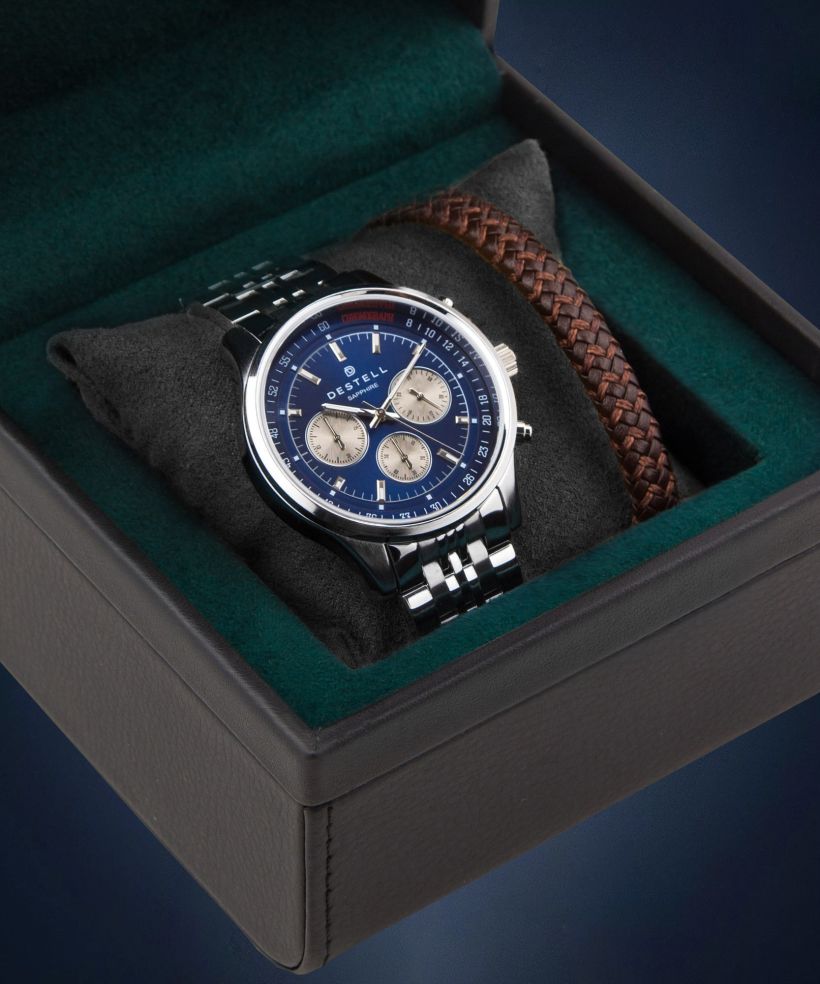 Reloj para hombres DESTELL Circinus Blue Silver Steel Chrono Sapphire Gift Set