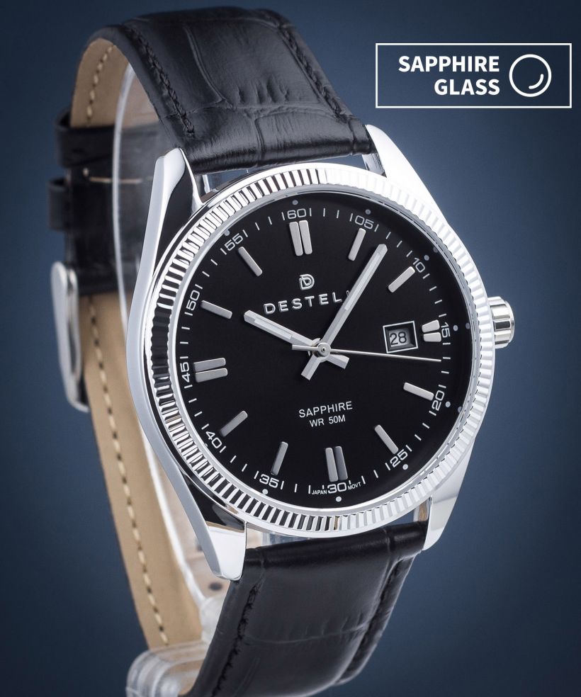 Reloj para hombres DESTELL Loup Black Silver Leather Sapphire