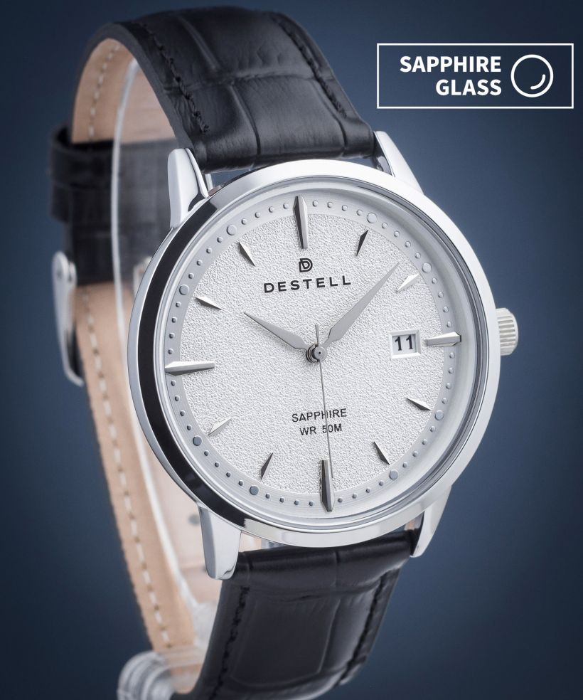 Reloj para hombres DESTELL Pictor Silver Black Leather Sapphire
