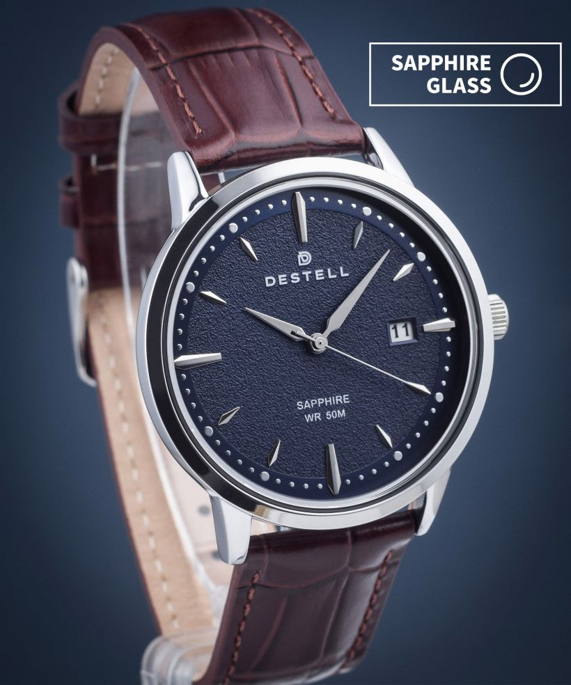 Reloj para hombres DESTELL Pictor Blue Silver Brown Leather Sapphire