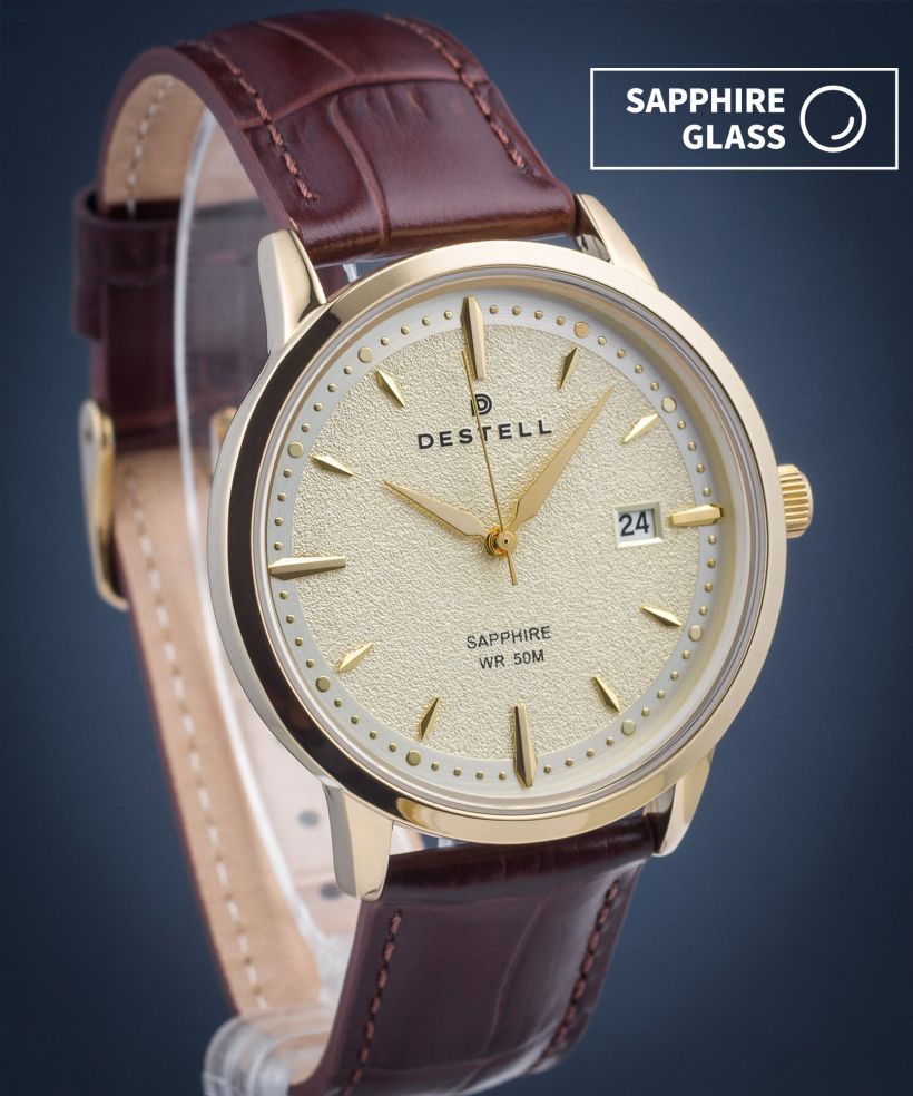 Reloj para hombres DESTELL Pictor Gold Brown Leather Sapphire