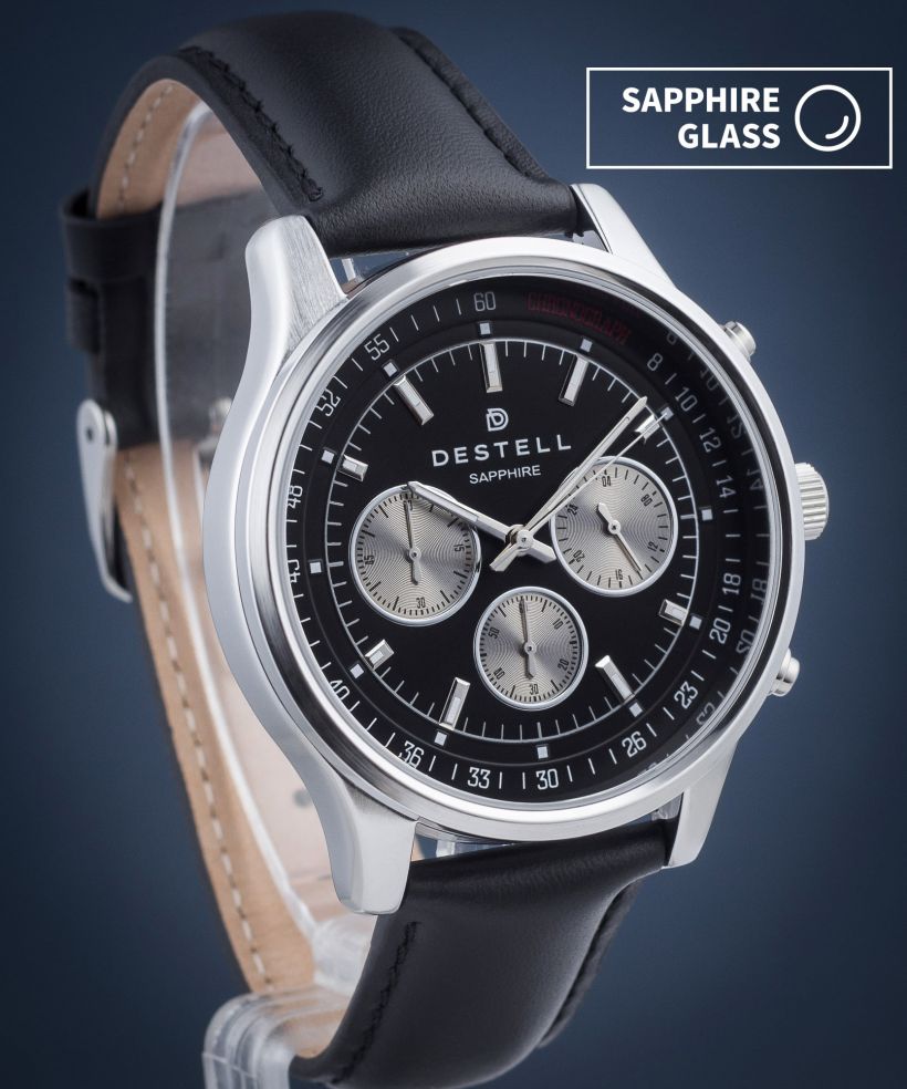 Reloj para hombres DESTELL Circinus Black Silver Leather Chronograph Sapphire