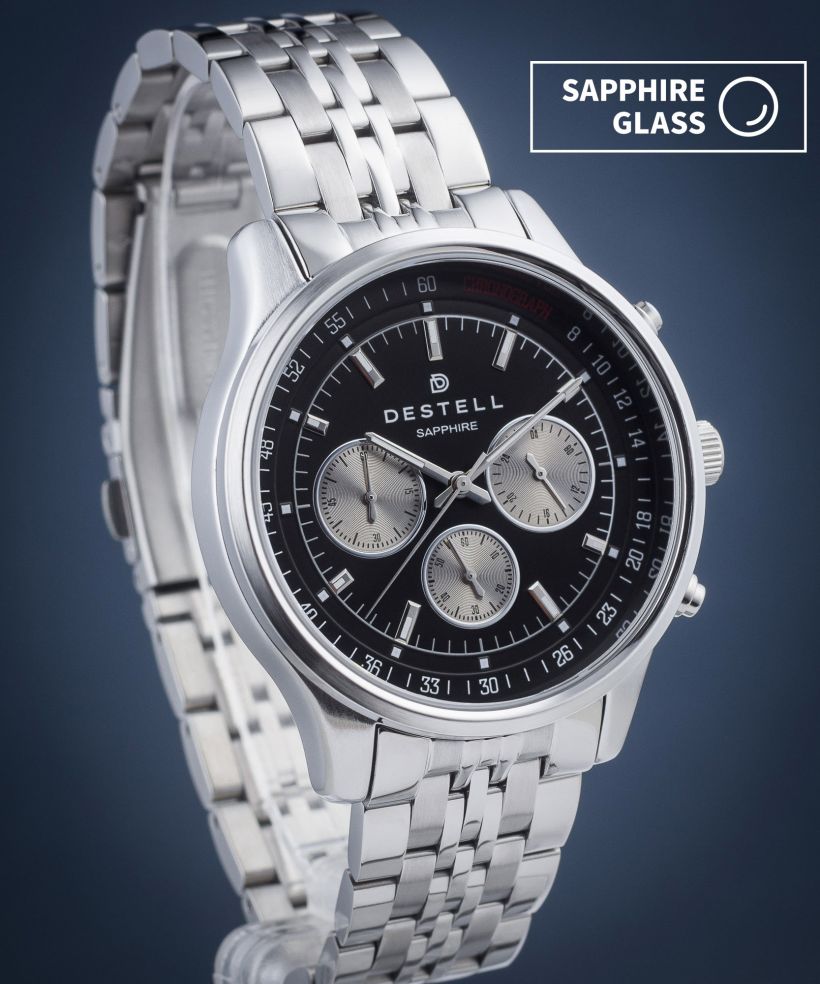 Reloj para hombres DESTELL Circinus Black Silver Steel Chronograph Sapphire