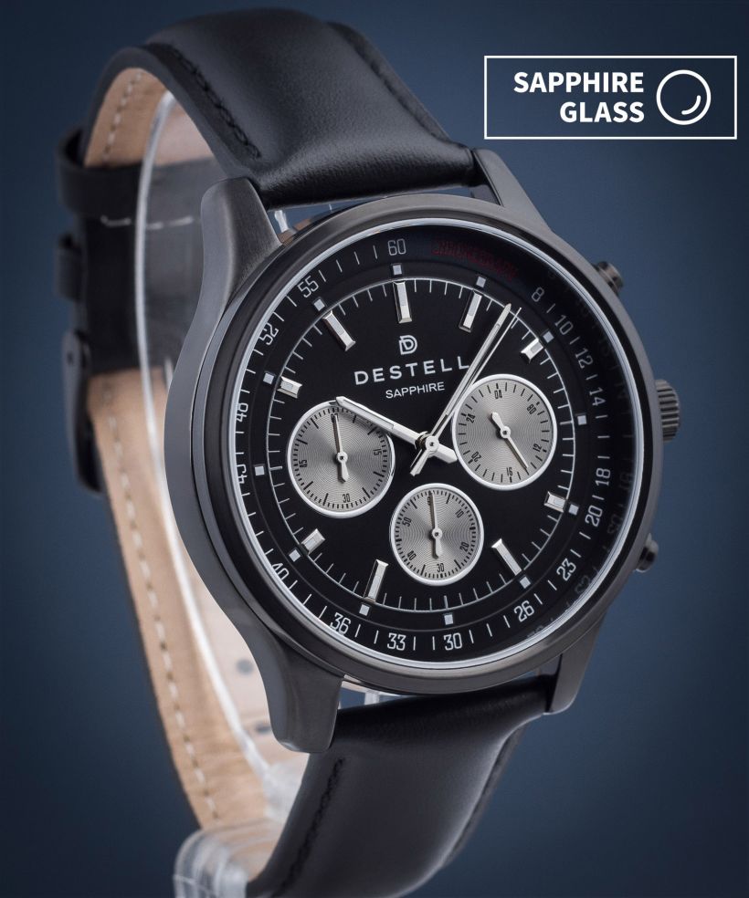 Reloj para hombres DESTELL Circinus Full Black Leather Chronograph Sapphire