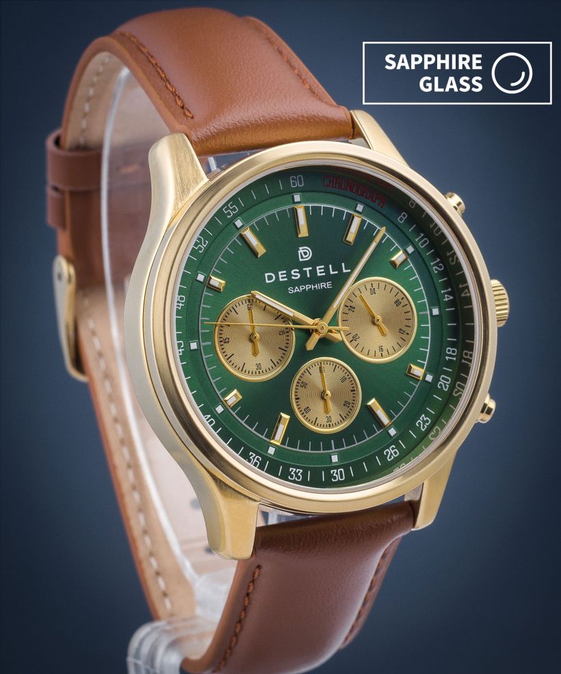 Reloj para hombres DESTELL Circinus Green Gold Brown Leather Chronograph Sapphire