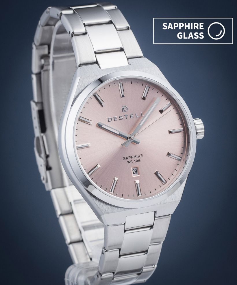 Reloj para hombres DESTELL Aries Pink Silver Steel Sapphire