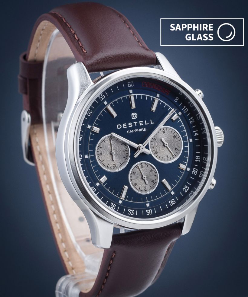 Reloj para hombres DESTELL Circinus Navy Blue Silver Brown Leather Chronograph Sapphire