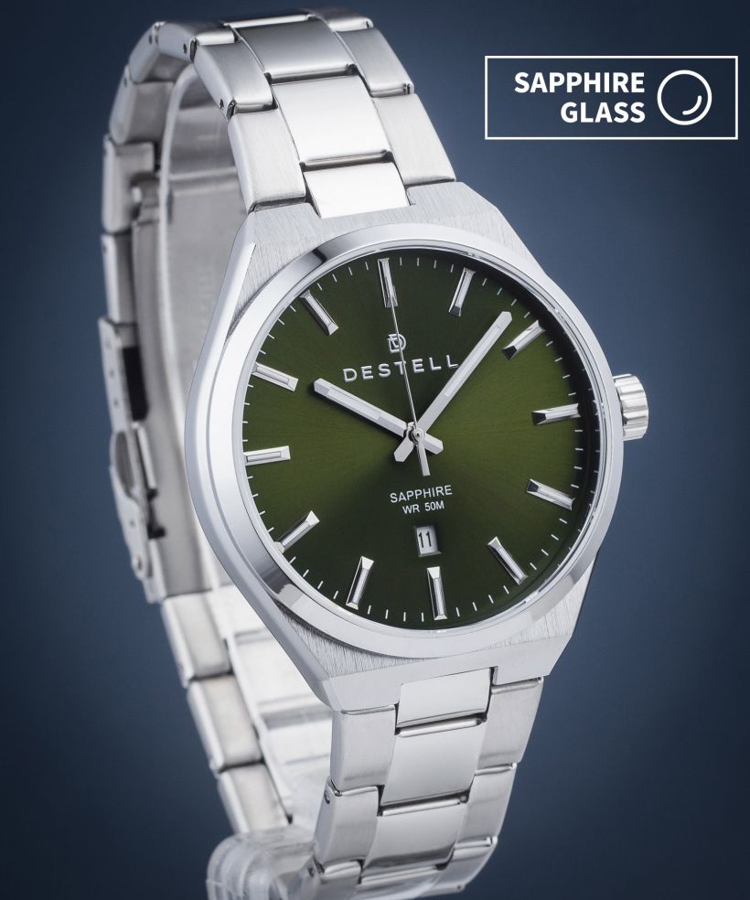 Reloj para hombres DESTELL Aries Green Silver Steel Sapphire