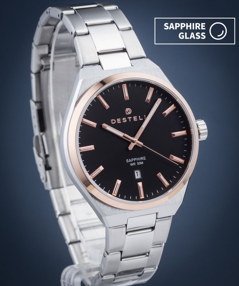 Reloj para hombres DESTELL Aries Black Silver Steel Sapphire