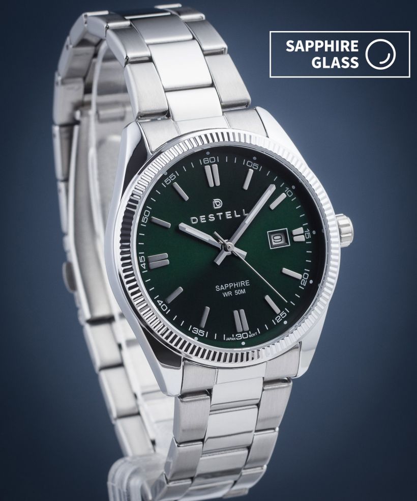 Reloj para hombres DESTELL Loup Green Silver Steel Sapphire