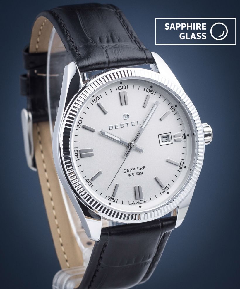 Reloj para hombres DESTELL Loup White Silver Black Leather Sapphire