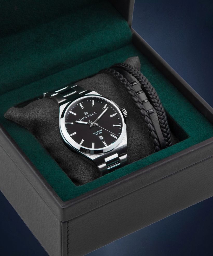 Reloj para hombres DESTELL Aries Black Silver Steel Sapphire Gift Set