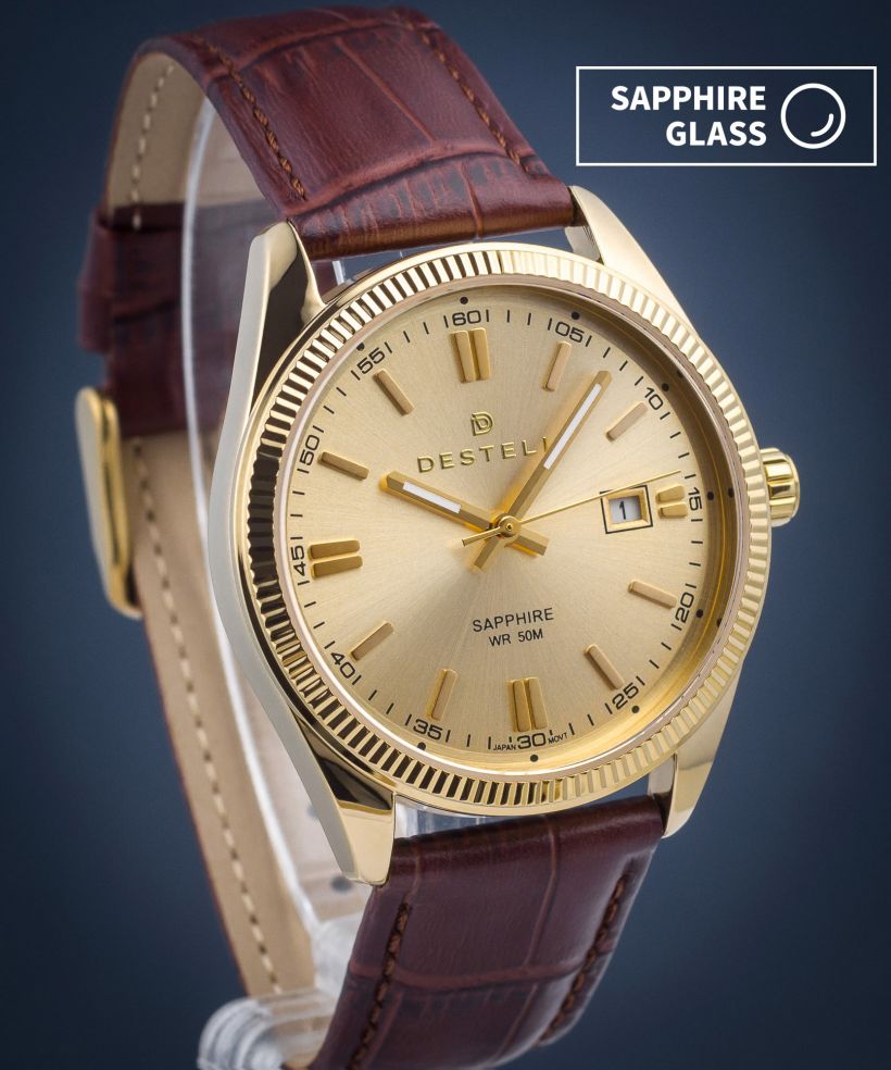 Reloj para hombres DESTELL Loup Gold Brown Leather Sapphire