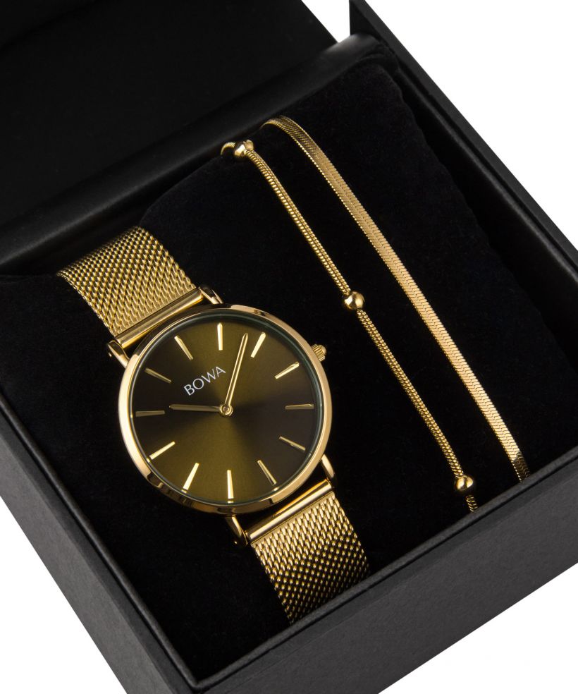 BOWA New York Petite Green-Gold Mesh 34 Gift Set (reloj + pulsera)