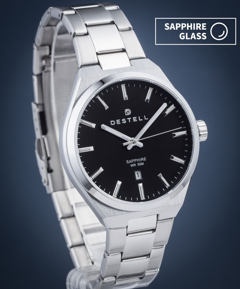Reloj para hombres DESTELL Aries Black Silver Steel Sapphire
