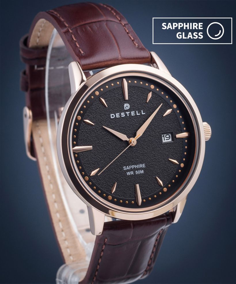 Reloj para hombres DESTELL Pictor Black Rose Gold Brown Leather Sapphire
