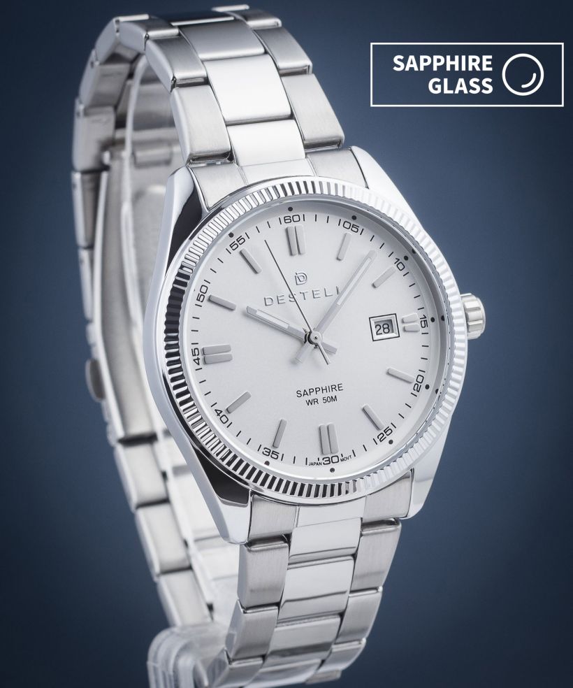 Reloj para hombres DESTELL Loup White Silver Steel Sapphire