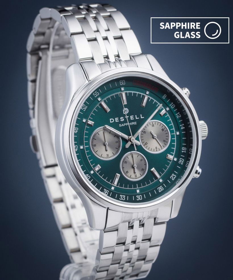 Reloj para hombres DESTELL Circinus Green Silver Steel Chronograph Sapphire
